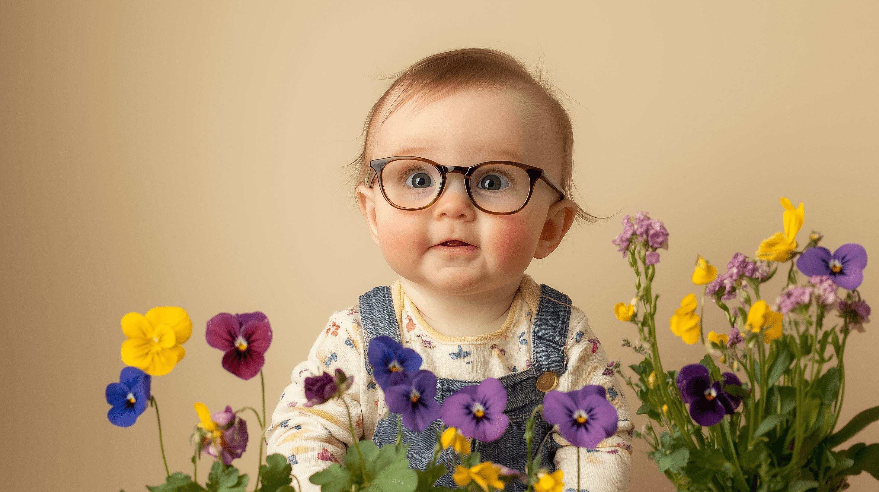 Ein lustig aussehendes Baby mit Brille das einen Fragenden Blick hat und vor bunten Blumen, unter anderem Stiefmütterchen sitzt.