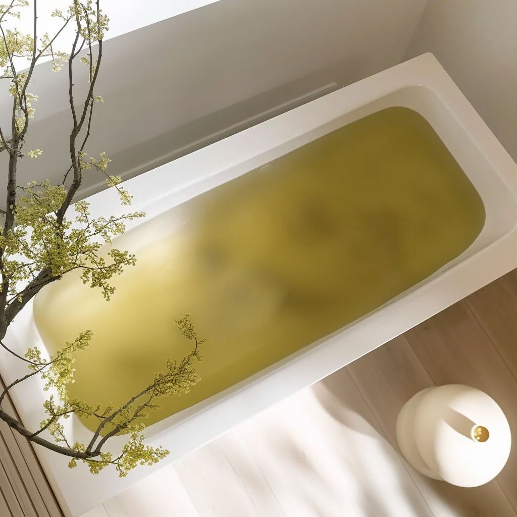 Badewanne mit vom 3-Zutaten-Pflegepulver grün gefärbtem Badewasser.