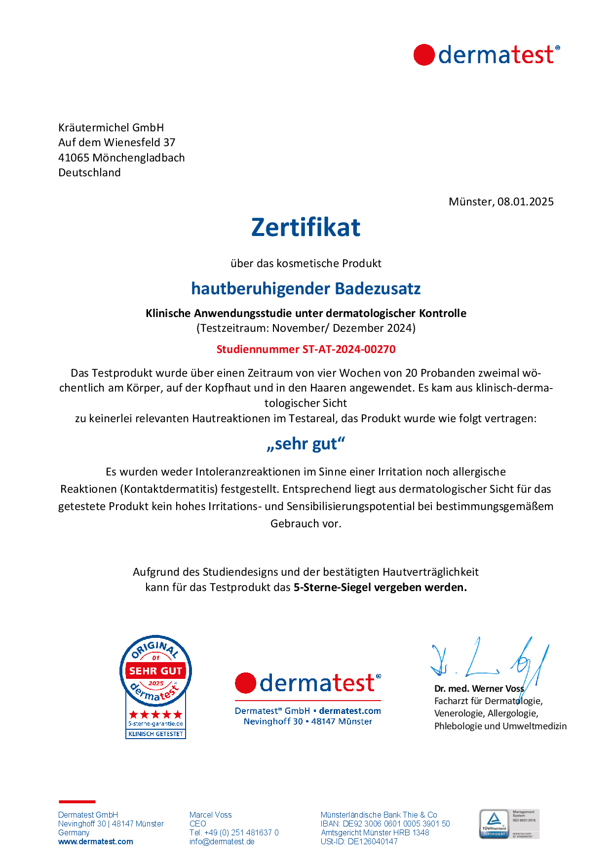 Dermatest Zertifikat mit der Note sehr gut.