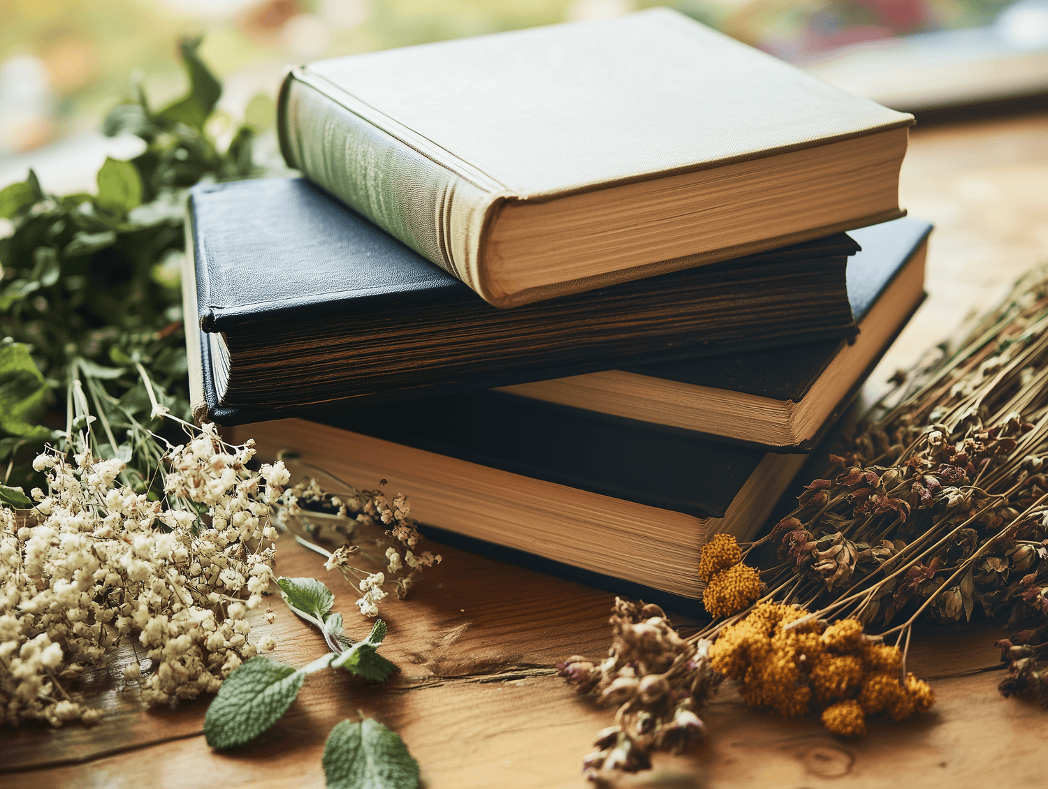 Gestapelter Bücher neben getrockneten, sowie frischen Kräutern, die auf einem rustikalen Holztisch liegen