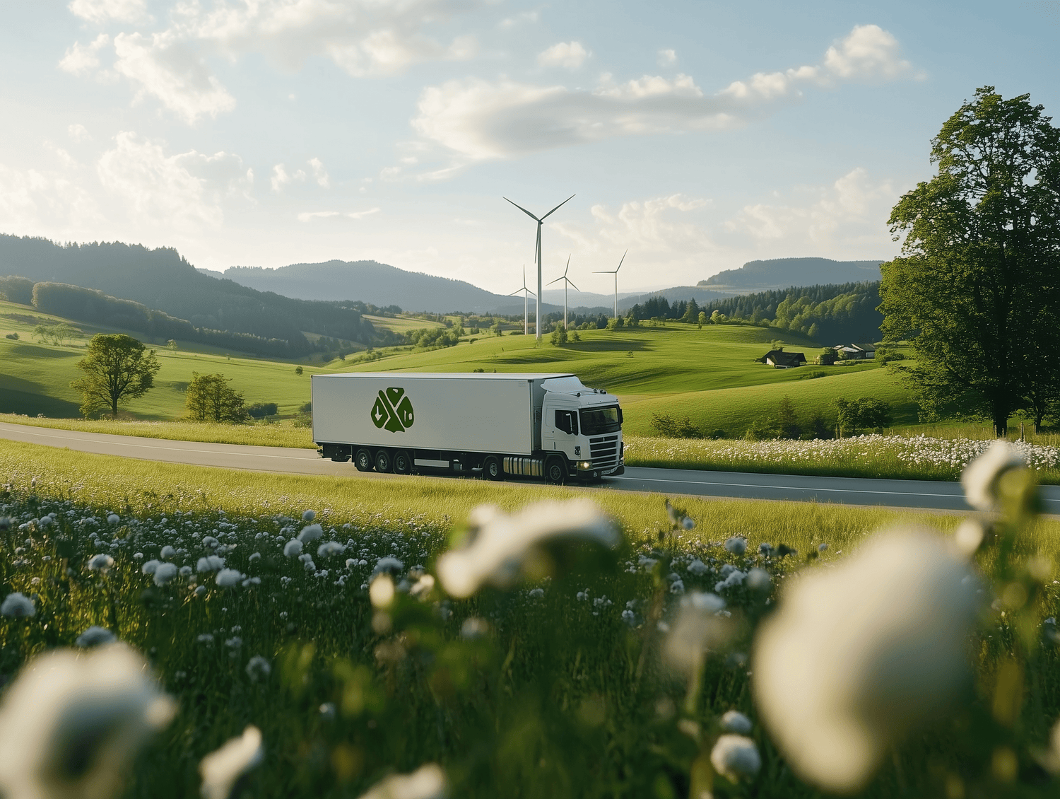 Ein Truck, der bei schönem Wetter und in idyllischer Landschaft über eine Landstraße fährt. Im Hintergrund stehen Windräder.