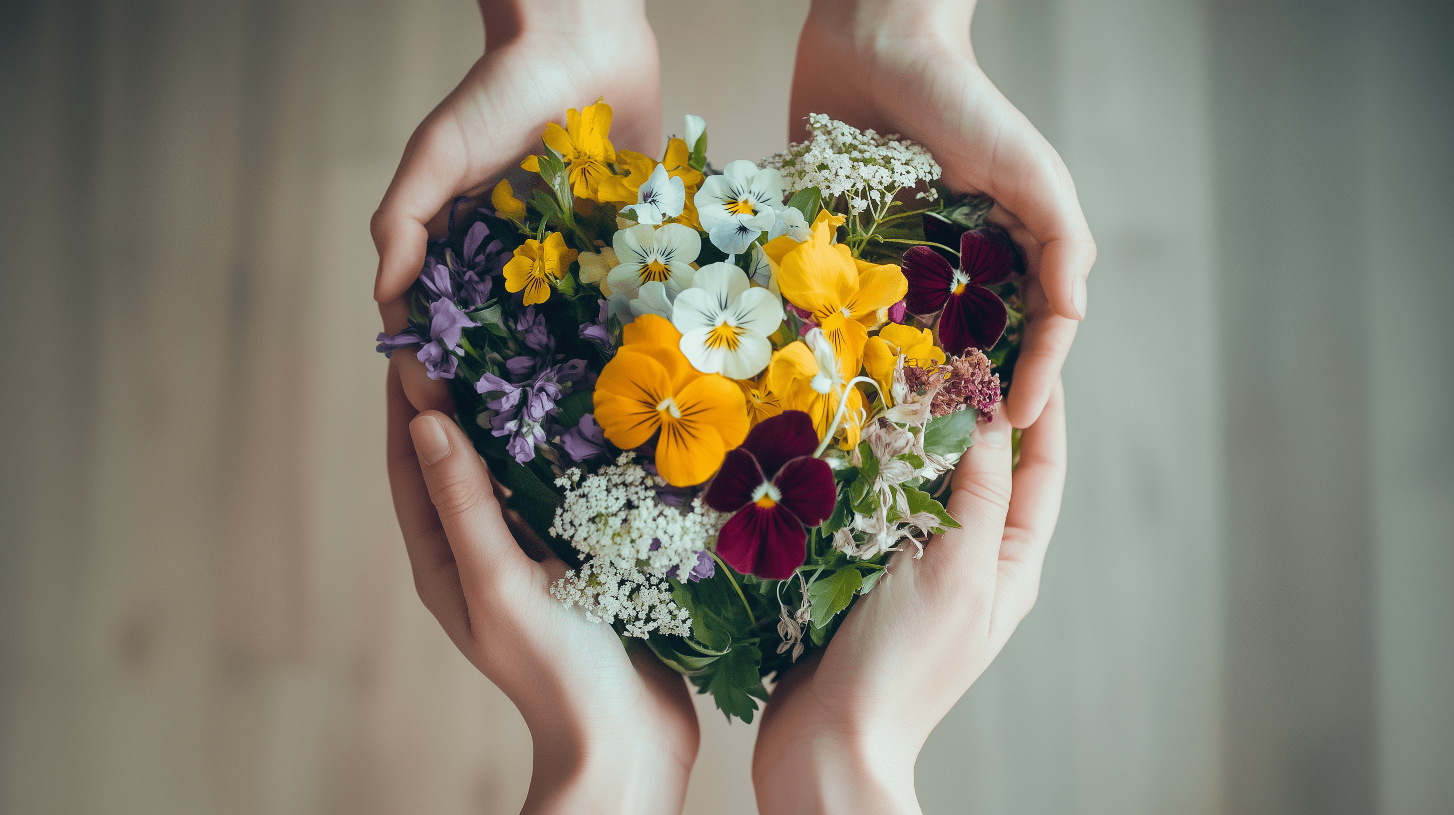 Draufsicht von einem Blumenstrauß in Herzform, der von zwei Personen mit ihren Handflächen gehalten wird.