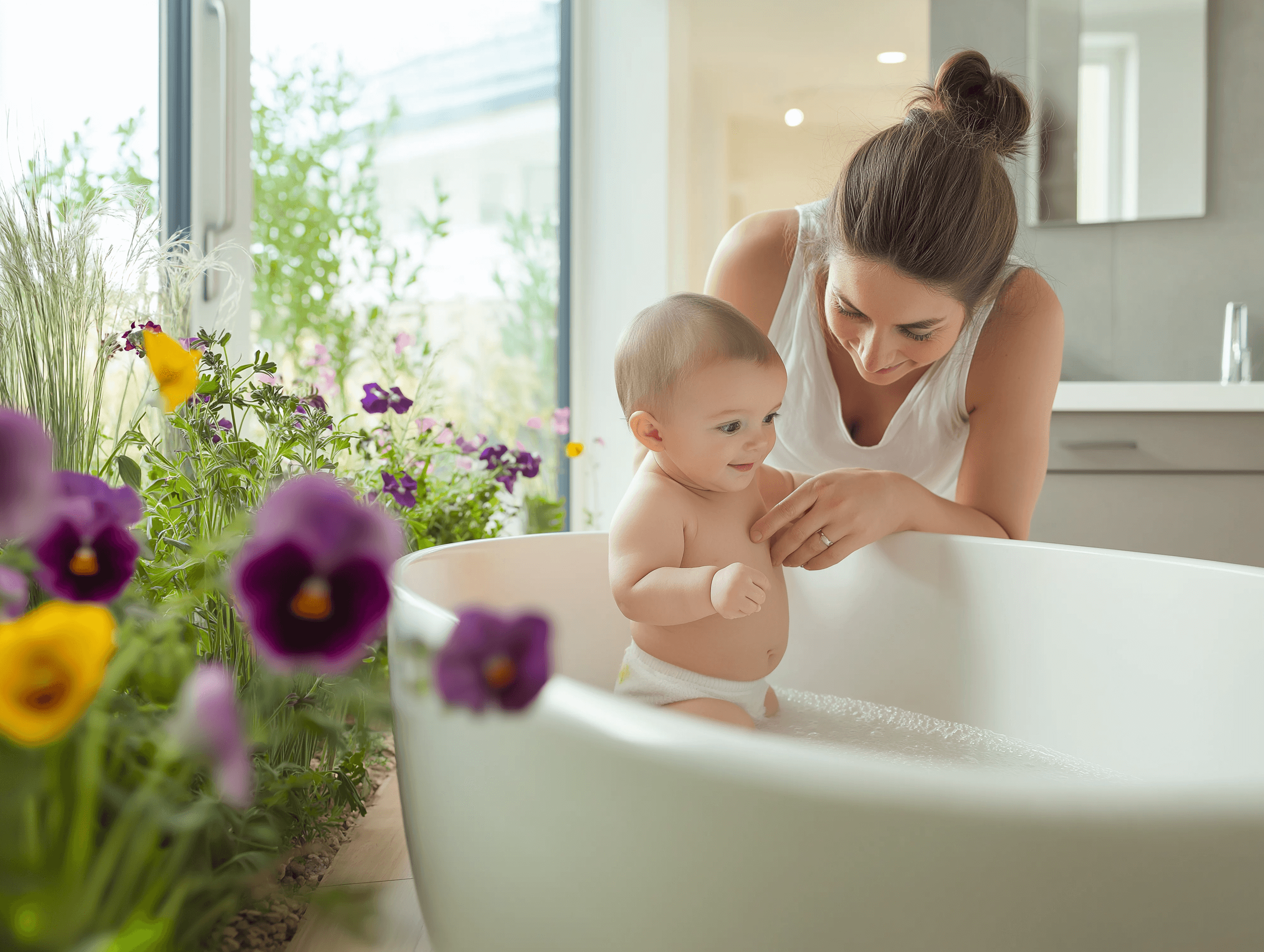 Eine Mutter, die liebevoll ihr Kind in einem modernen, mit Blumen und Kräutern geschmückten Badezimmer badet.
