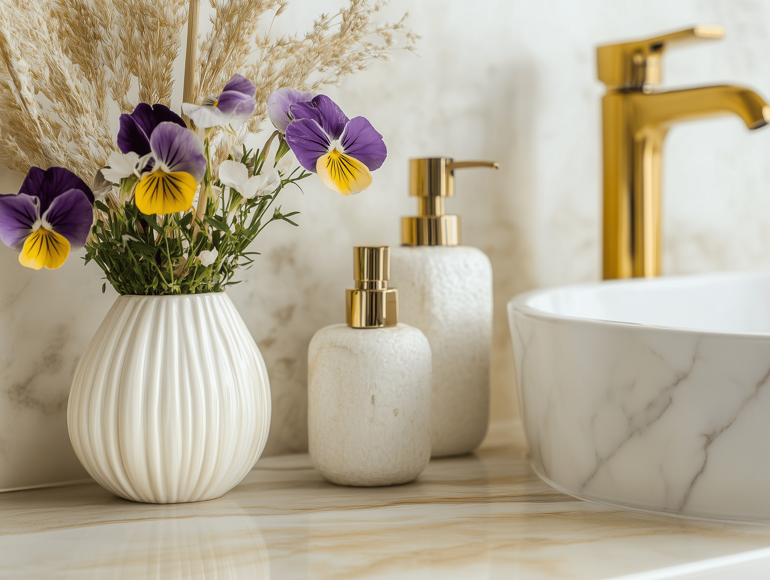 Hochwertiges, mit Blumen geschmücktes Waschbecken in einem modernen Badezimmer