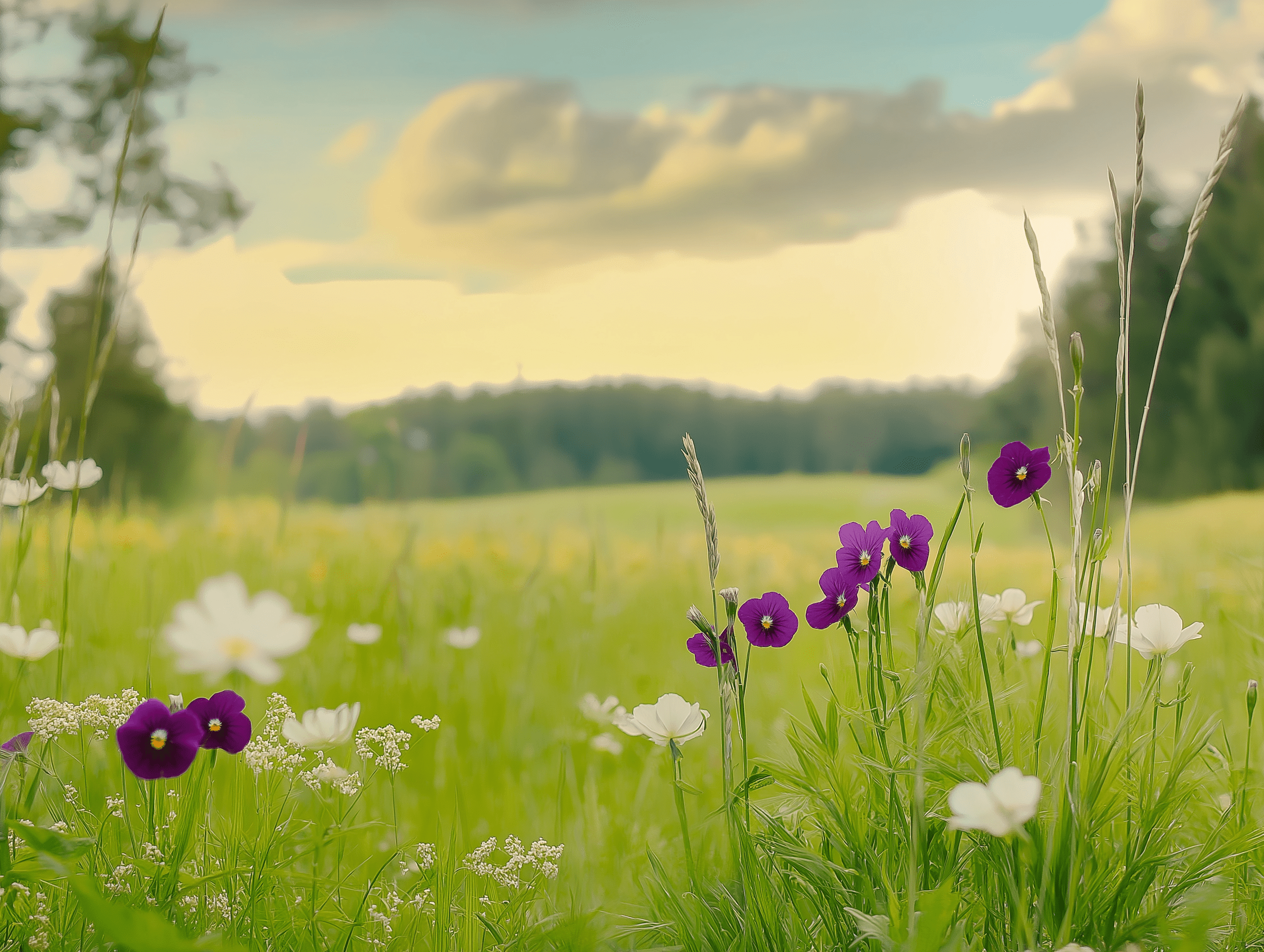 Idyllische Landschaft mit Blumen im Vordergrund