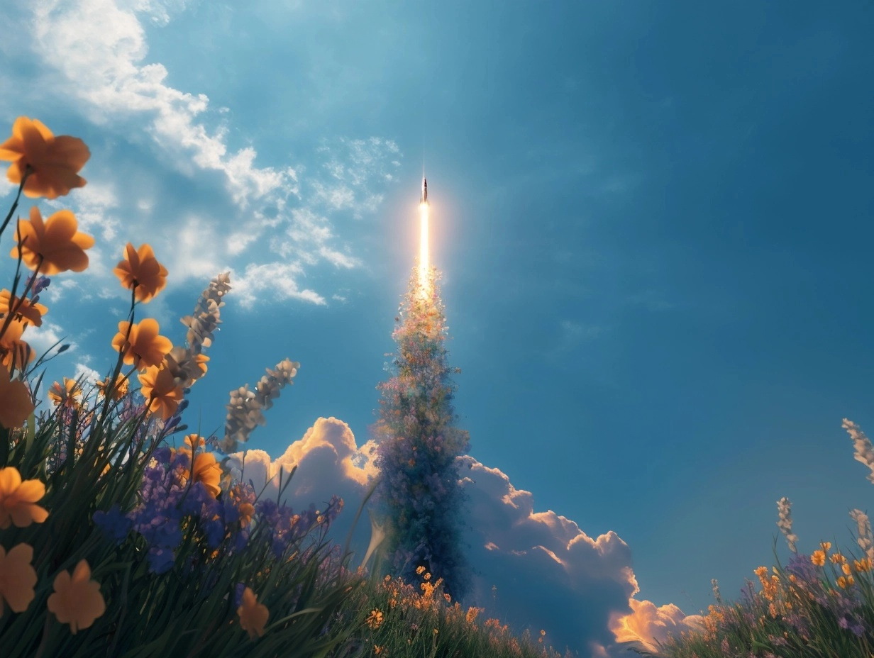 Rakete die in den Himmel fliegt und Blumen als Treibstoff nutzt.