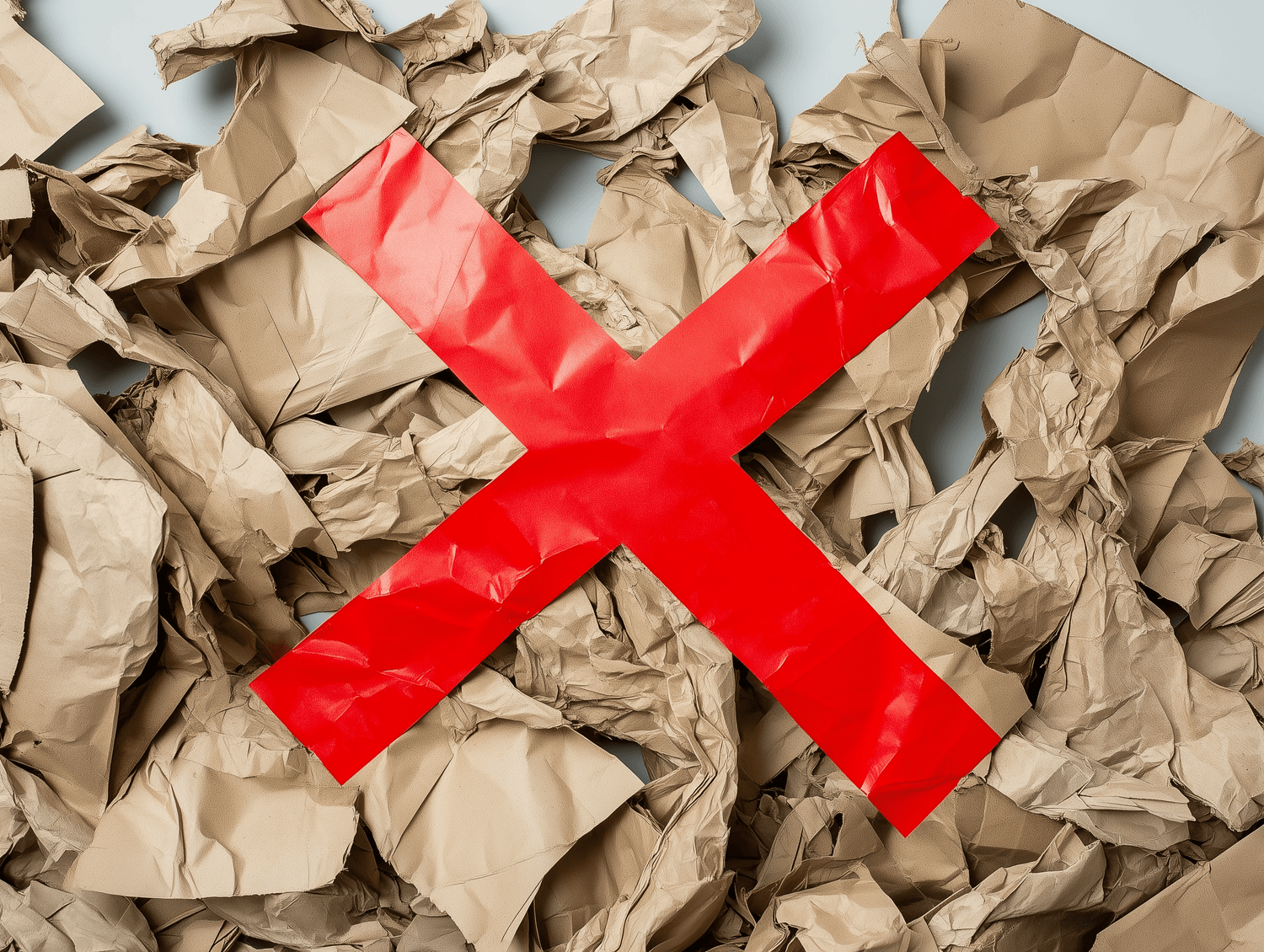 Ein Haufen von braunem Verpackungsmüll aus Papier, darüber liegt ein X aus rotem Papier.