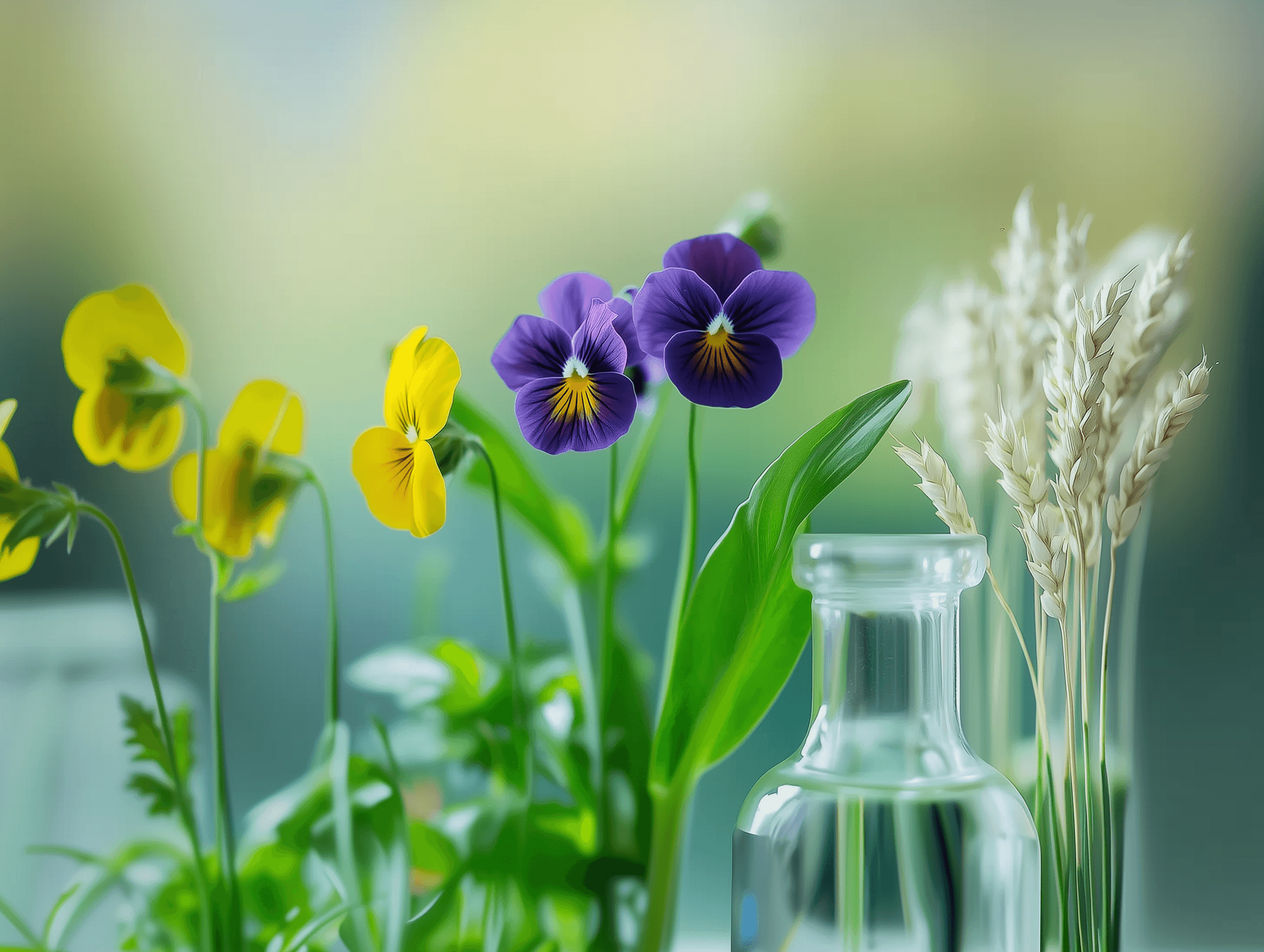 Nahaufnahme von schoenen Blumten, unter anderem Stiefmuetterchen und transparenten Vasen