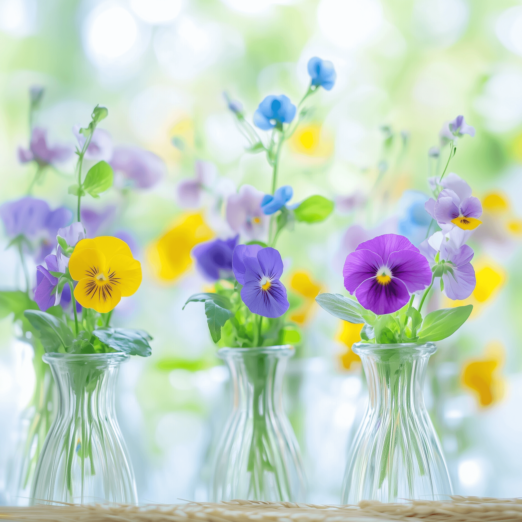 Drei symmetrisch angeordnete Vasen aus Glas mit Stiefmütterchen. Im Hintergrund sind weitere Blumen zu sehen.