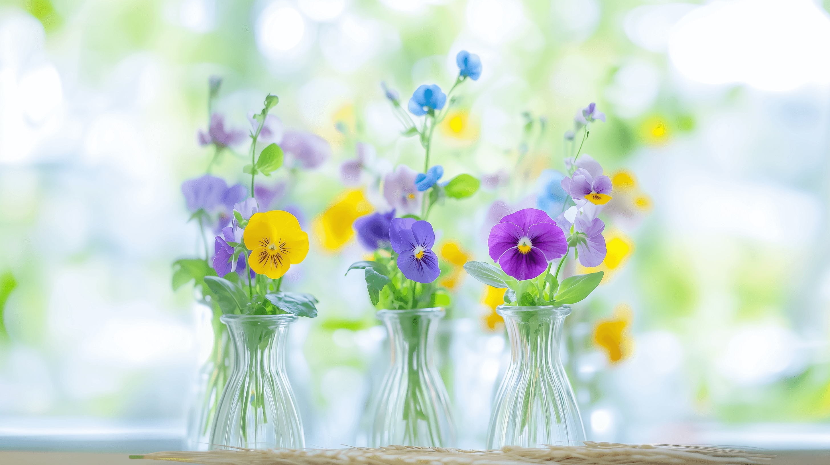 Drei symmetrisch angeordnete Vasen aus Glas mit Stiefmütterchen. Im Hintergrund sind weitere Blumen zu sehen.