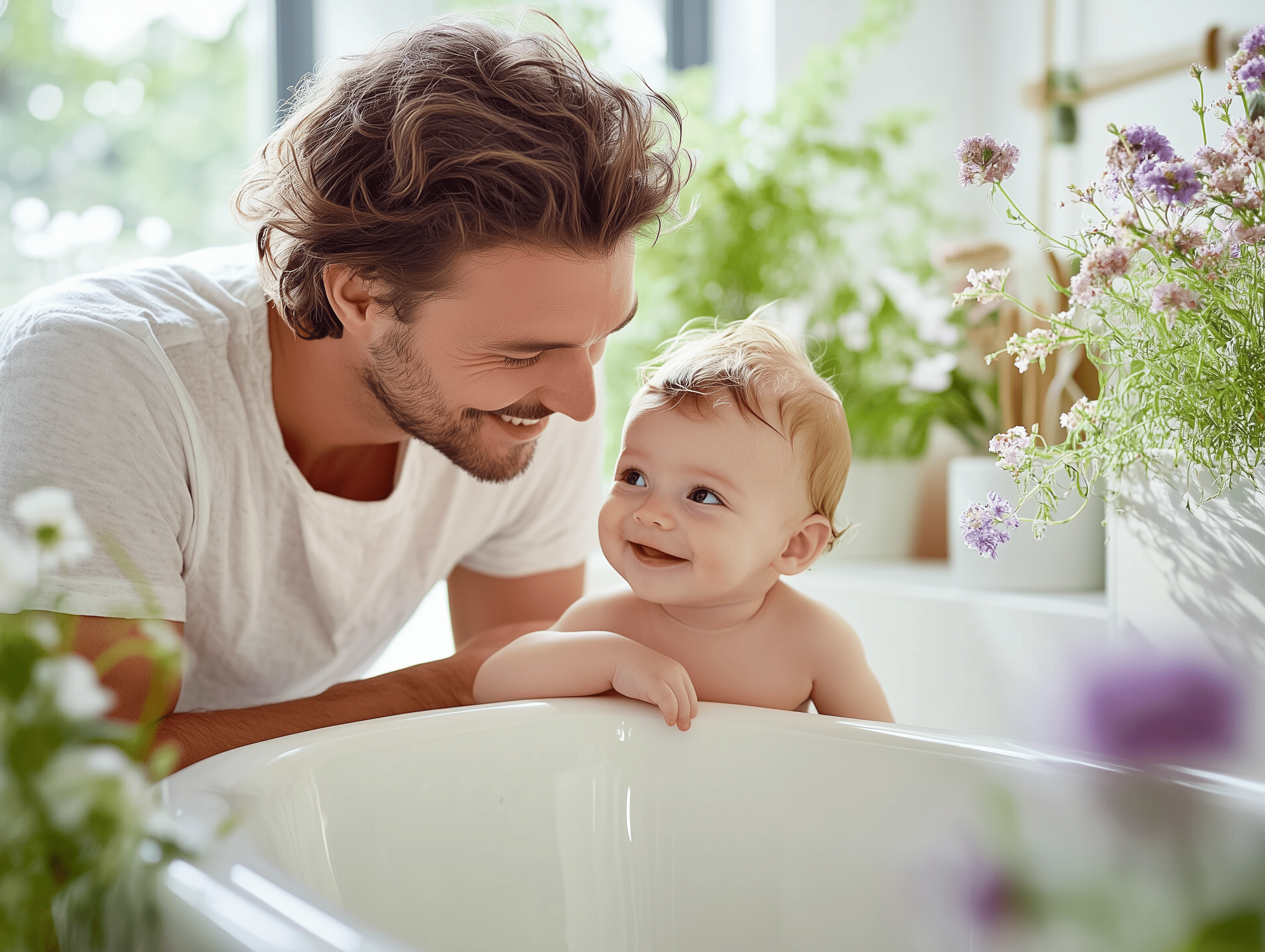 Vater und Kind, die sich in einem schönen, mit Kräutern und Blumen geschmückten Badezimmer aufs Baden freuen.