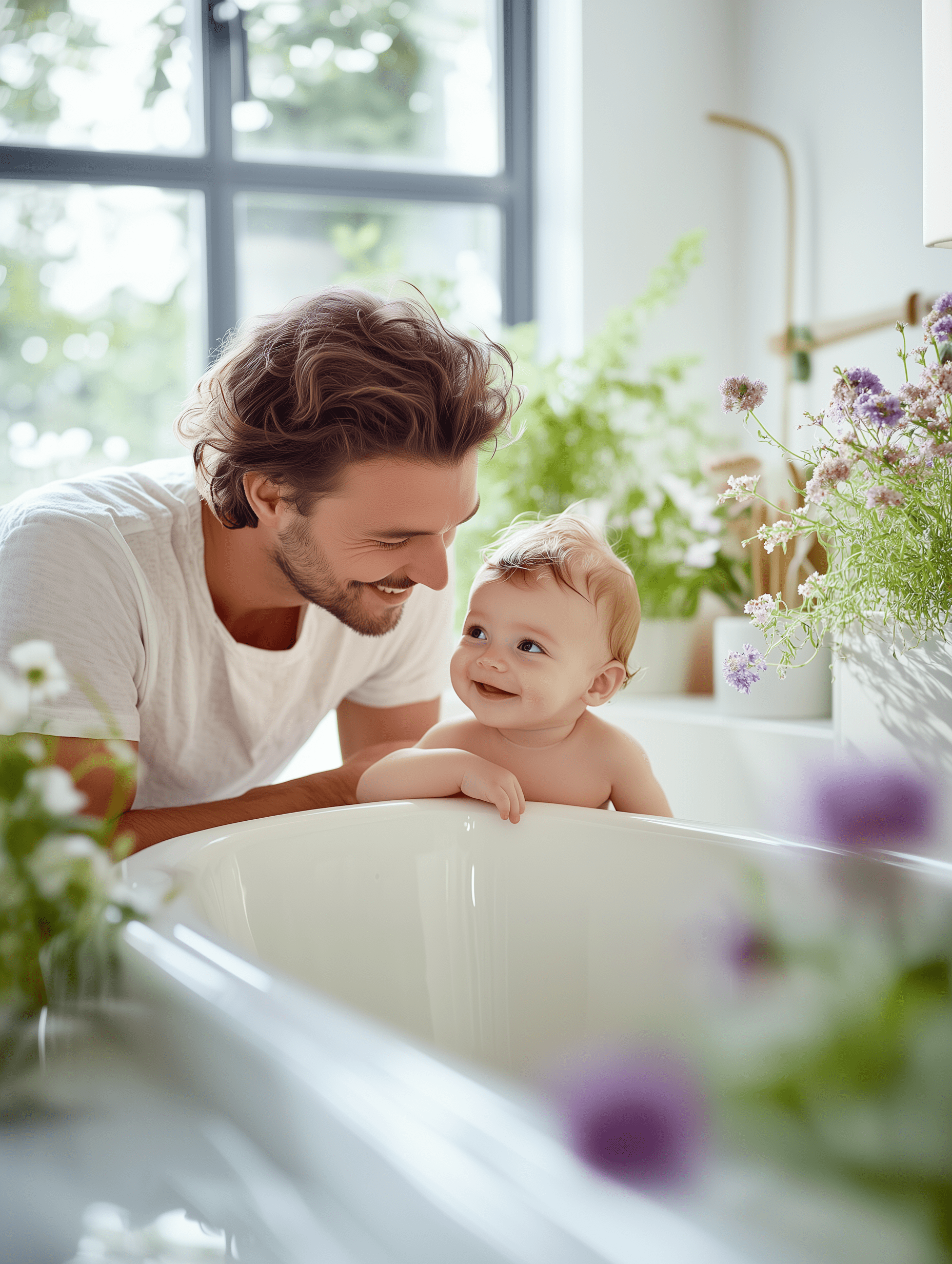 Vater und Kind, die sich in einem schönen, mit Kräutern und Blumen geschmückten Badezimmer aufs Baden freuen.