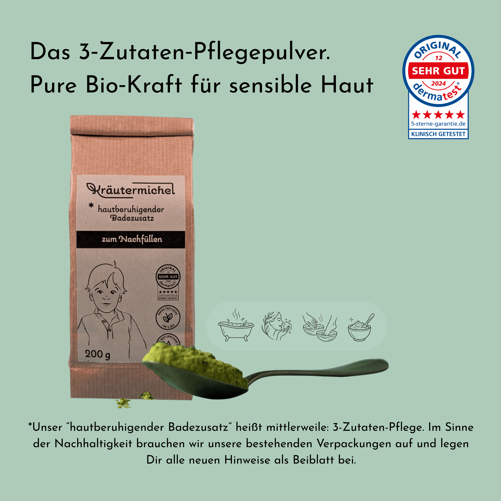 Kräutermichel 3-Zutaten-Pflege: 200g Nachfüllpack/Refill Pulver-Konzentrat bei Neurodermitis, Windeldermatitis, Kopfgneis "Milchschorf", trockener Haut. Radikal pure Formel aus Hafer, Stiefmütterchen & Spitzwegerich für Bad Paste, Handbad, Fußbad und Gesichtsreinigung. Waterless.