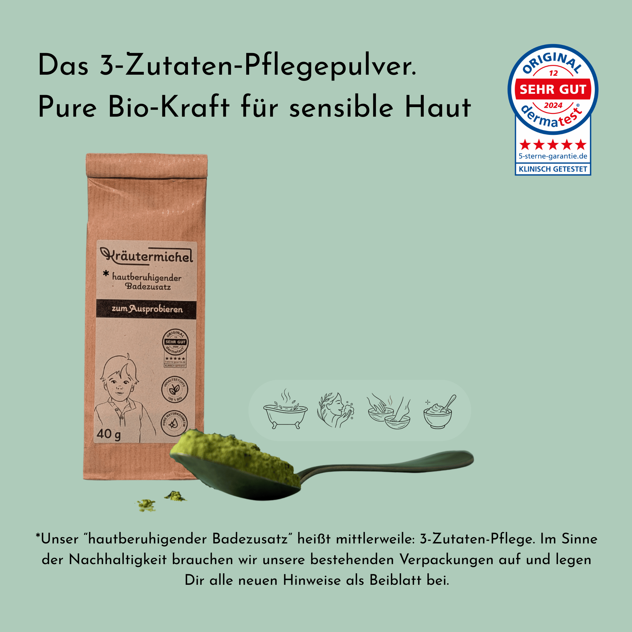 Kräutermichel 3-Zutaten-Pflege: 40g Probierpack/Mini Pulver-Konzentrat bei Neurodermitis, Windeldermatitis, Kopfgneis "Milchschorf", trockener Haut. Radikal pure Formel aus Hafer, Stiefmütterchen & Spitzwegerich für Bad Paste, Handbad, Fußbad und Gesichtsreinigung. Waterless.