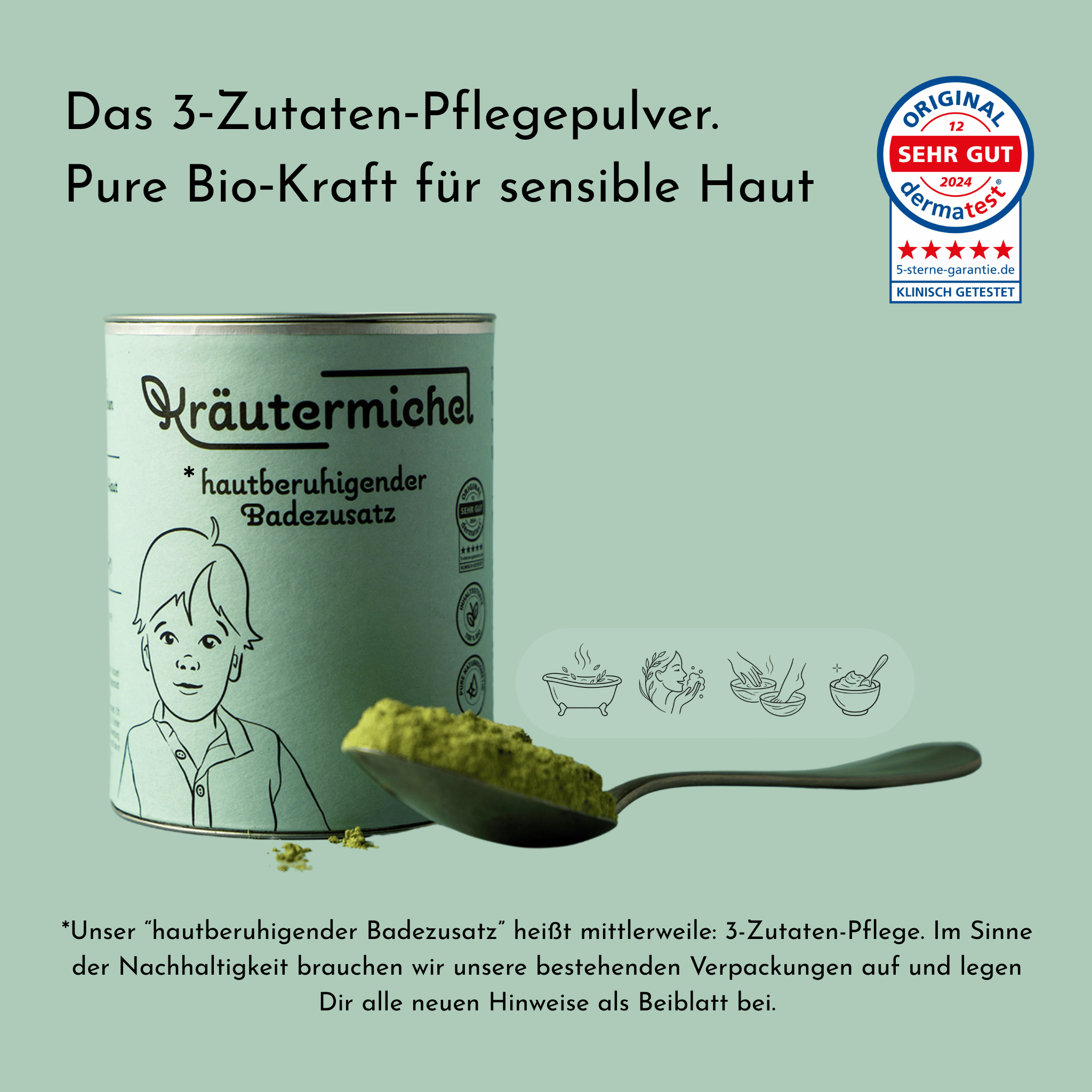 Kräutermichel 3-Zutaten-Pflege: 200g Dose Pulver-Konzentrat bei Neurodermitis, Windeldermatitis, Kopfgneis "Milchschorf", trockener Haut. Radikal pure Formel aus Hafer, Stiefmütterchen & Spitzwegerich für Bad Paste, Handbad, Fußbad und Gesichtsreinigung. Waterless.