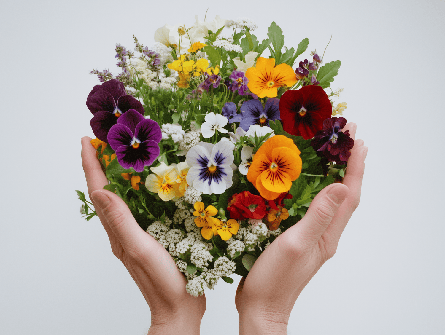 Ein herzförmiger Strauß Blumen, der von zwei Handflächen gehalten wird.