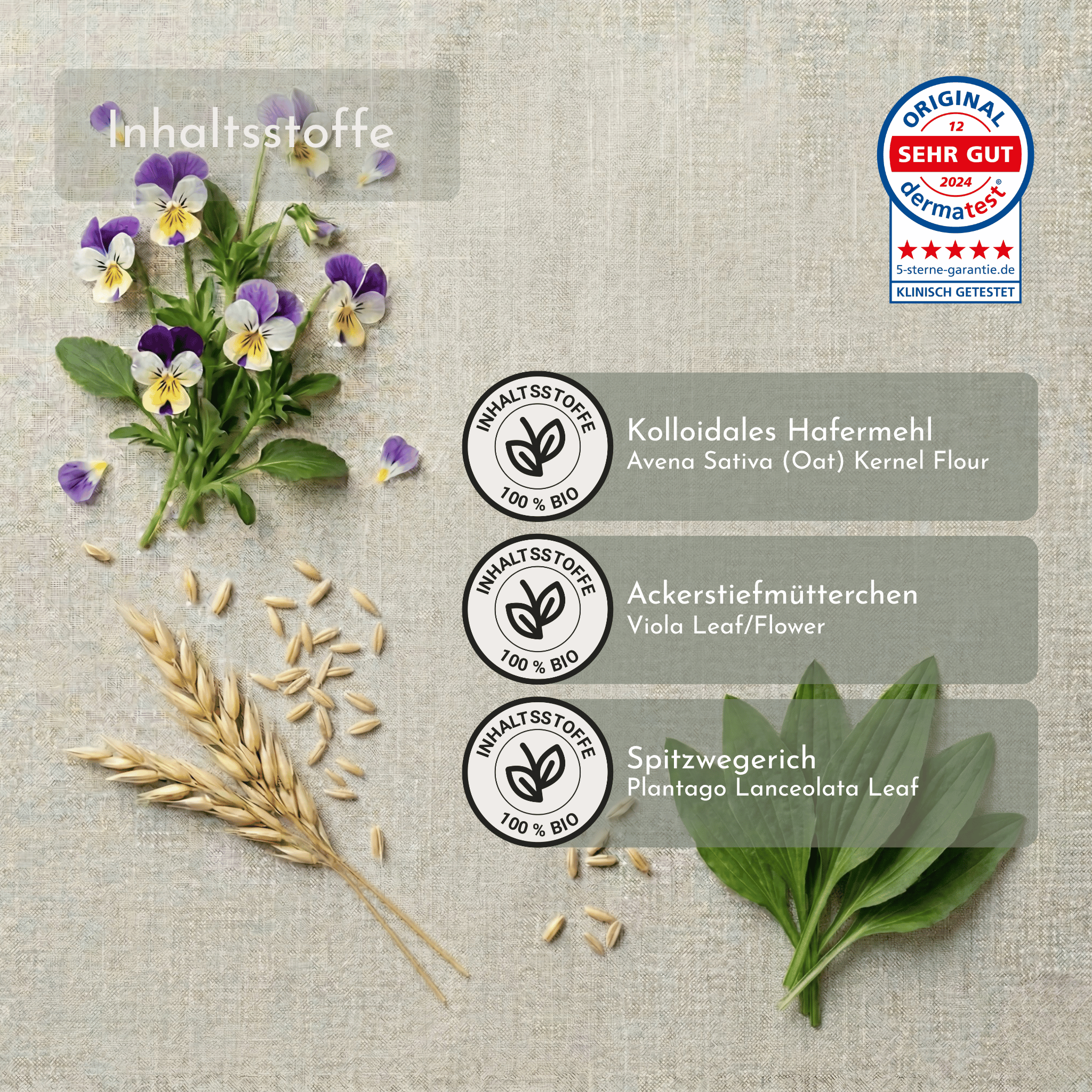 Die 3 Inhaltsstoffe von Kräutermichel: kolloidales Hafermehl, Stiefmütterchen &amp; Spitzwegerich. Radikal pure Wirkstoffe ohne Chemie, Duftstoffe oder Konservierung bei Neurodermitis &amp; Juckreiz. Purer Skinimalismus und Waterless Beauty.