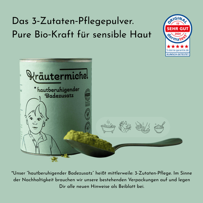 Kräutermichel 3-Zutaten-Pflege: 200g Dose Pulver-Konzentrat bei Neurodermitis, Windeldermatitis, Kopfgneis "Milchschorf", trockener Haut. Radikal pure Formel aus Hafer, Stiefmütterchen &amp; Spitzwegerich für Bad  Paste, Handbad, Fußbad und Gesichtsreinigung. Waterless.