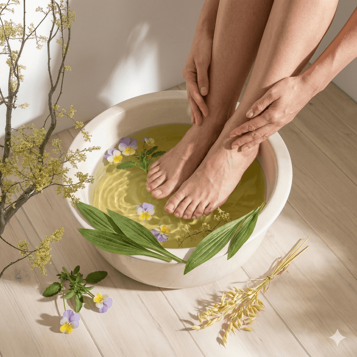 Kräutermichel 3-Zutaten-Pflege als beruhigendes Fußbad für Erwachsene. Natürliche Hilfe bei Juckreiz, Schuppenflechte oder extrem trockener, rissiger Haut an den Füßen. Radikal pur mit Hafer, Stiefmütterchen & Spitzwegerich.